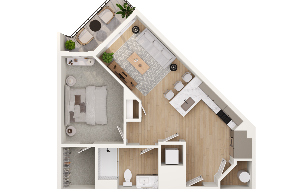 1A.2 - 1 bedroom floorplan layout with 1 bathroom and 682 square feet (3D)