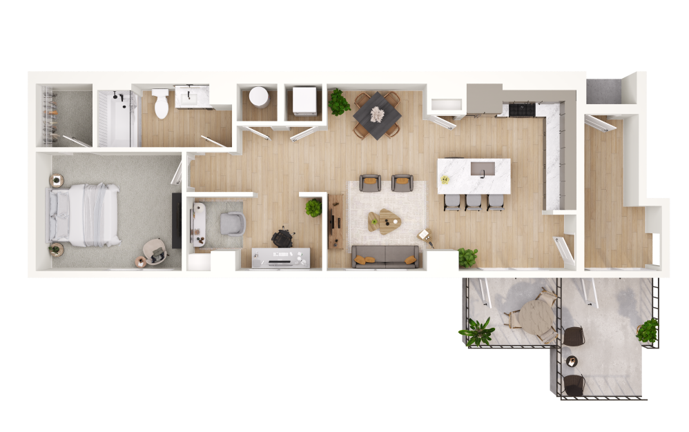1D.4 - 1 bedroom floorplan layout with 1 bathroom and 945 square feet (2D)