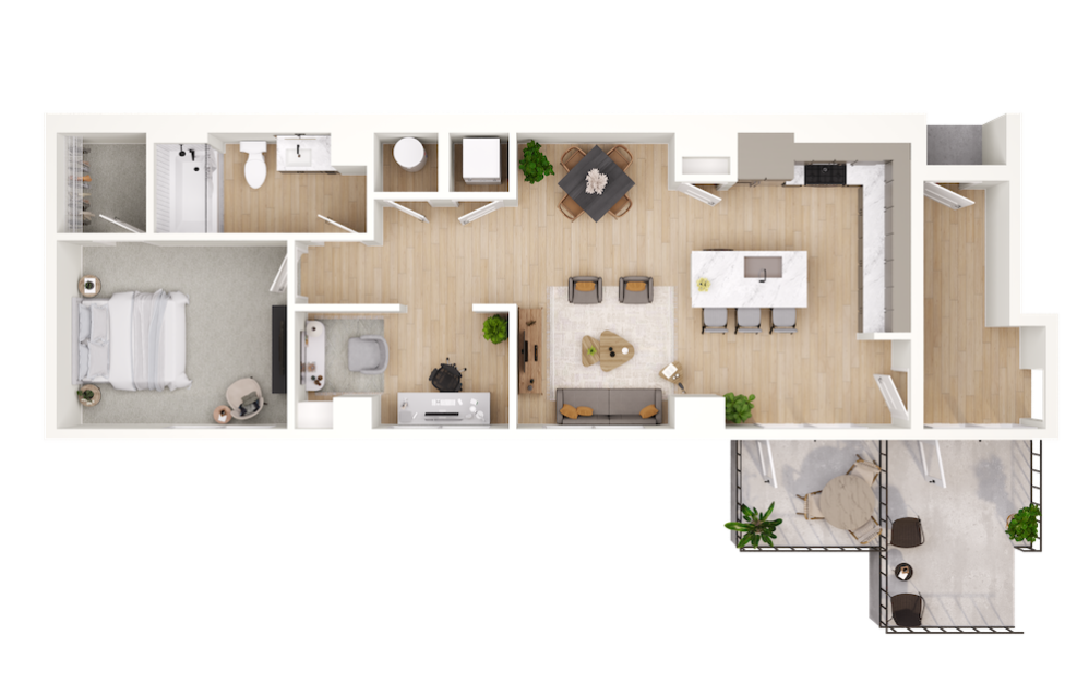 1D.4 - 1 bedroom floorplan layout with 1 bathroom and 945 square feet (3D) 1D.4 - 1 bedroom floorplan layout with 1 bathroom and 945 square feet (3D)